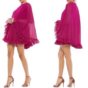 Mac Duggal 55407 High Neck Ruffle Cape Fuchsia (Pink) Chiffon Mini Dress, Size 8